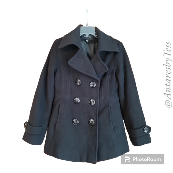 London Fog PM womens double breasted pea coat wool/nylon w full lining black - Picture 1 of 12